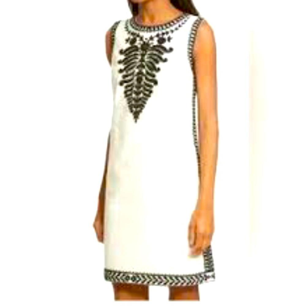 Tory Burch Camille Dress Boho Embroidered Canvas Sleeveless 0 Black Cream Preppy